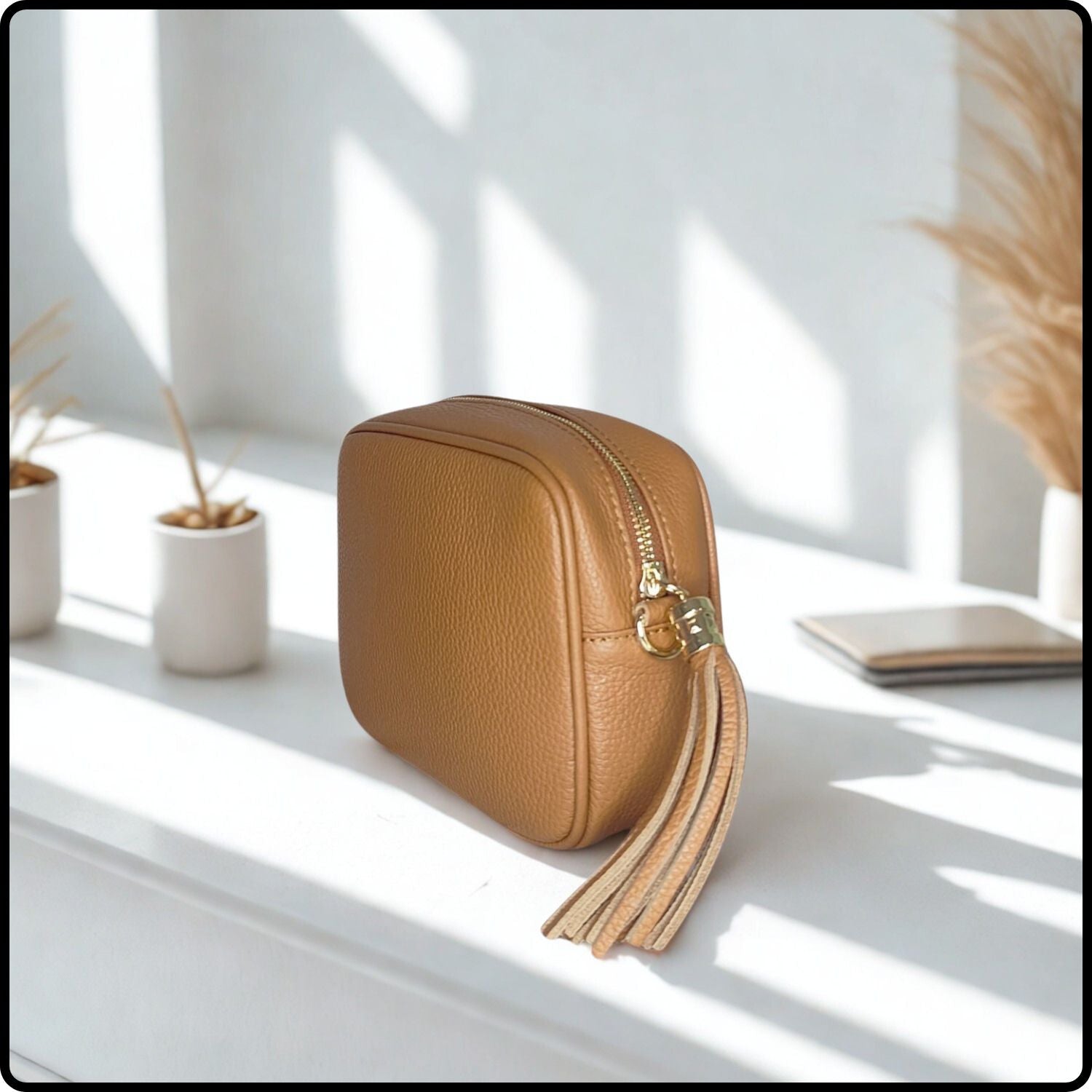 Leather Cross Body Bag Tassel- PS233-DARK TAN