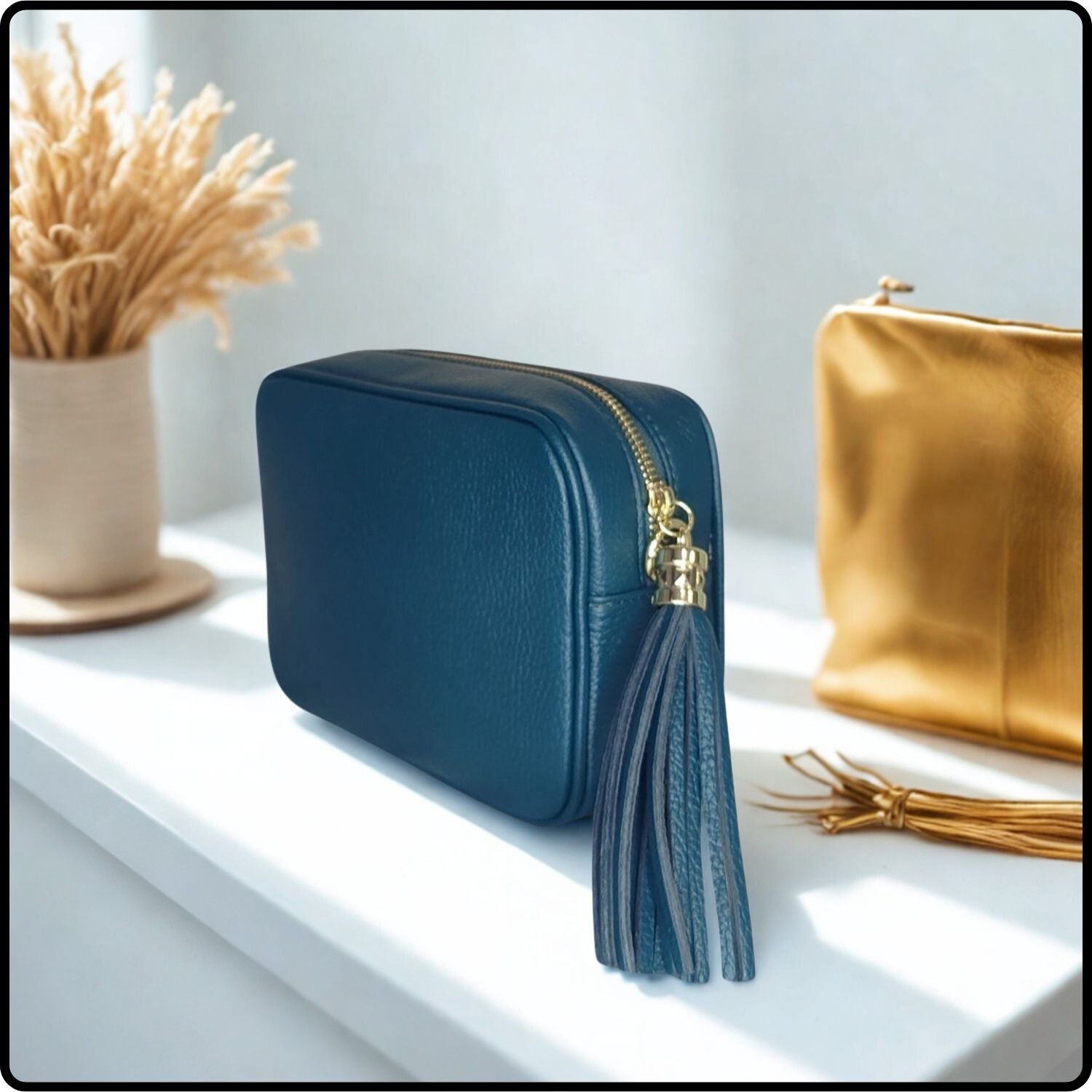 Leather Cross Body Bag Tassel- PS233-DARK TEAL