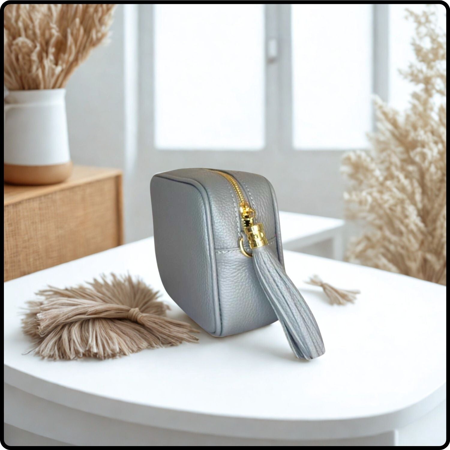 Leather Cross Body Bag Tassel- PS233-LIGHT GREY