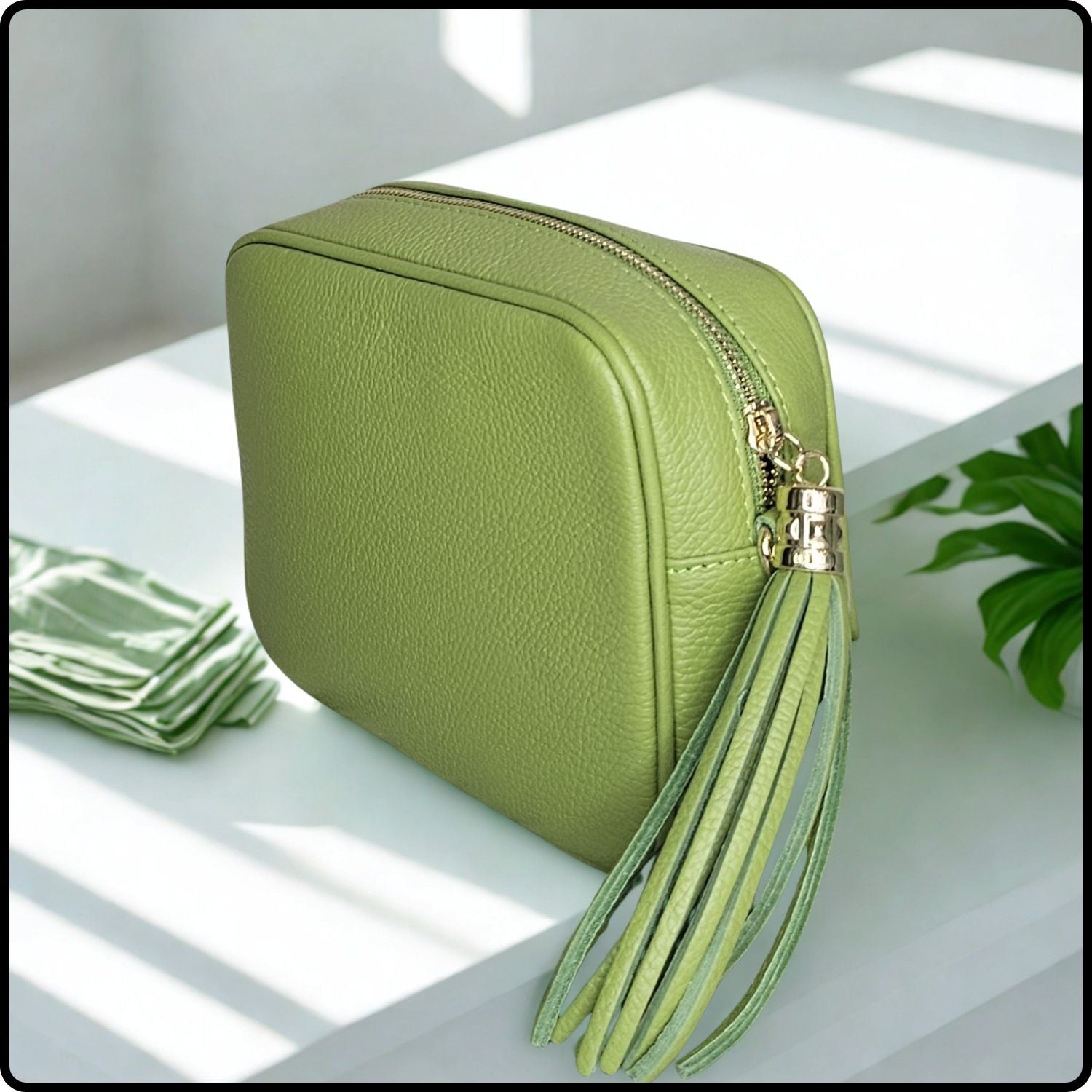 Leather Cross Body Bag Tassel- PS233-LIME GREEN