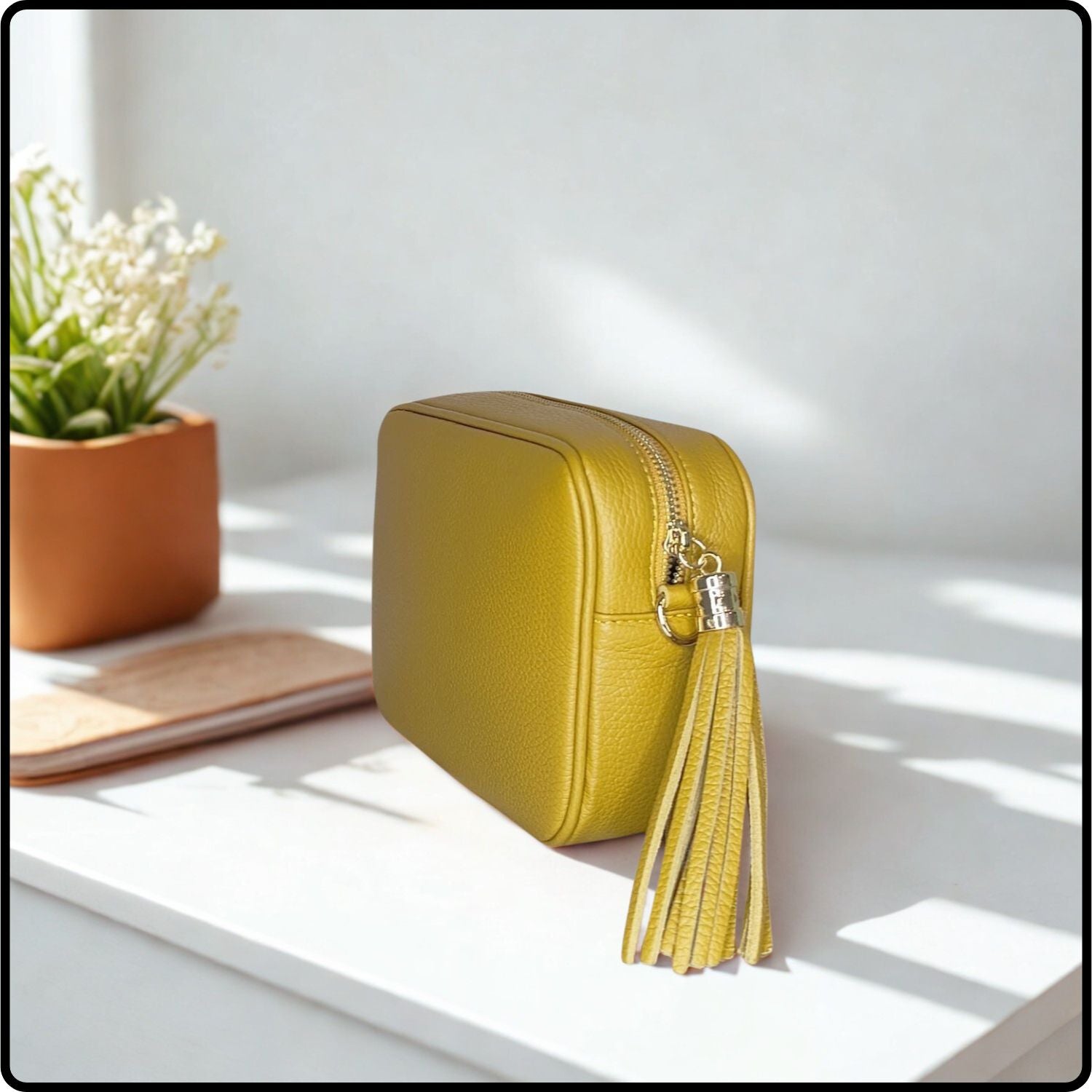 Leather Cross Body Bag Tassel- PS233-MUSTARD