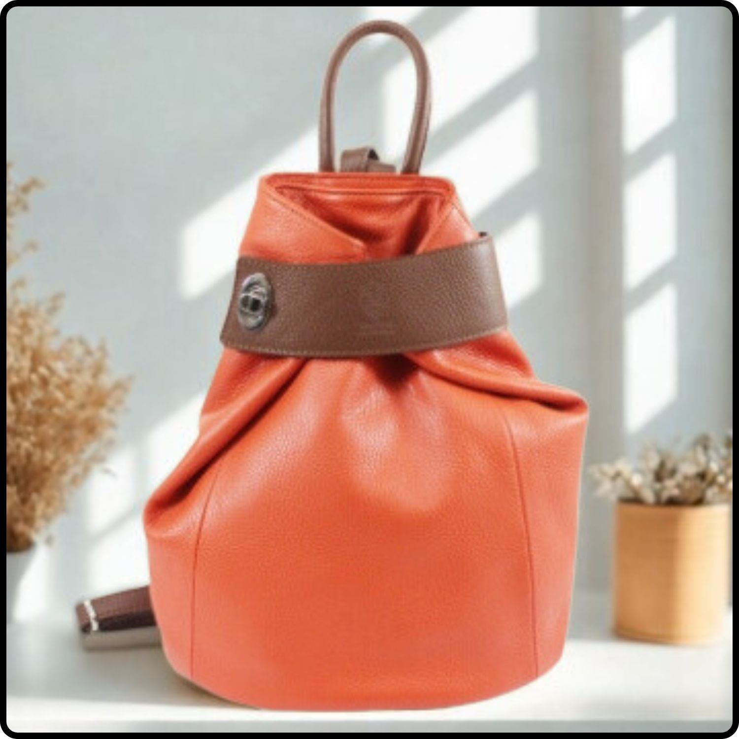 Large Pebbled Leather Lock Closure Backpack - VPR248-ORANGE/TAN