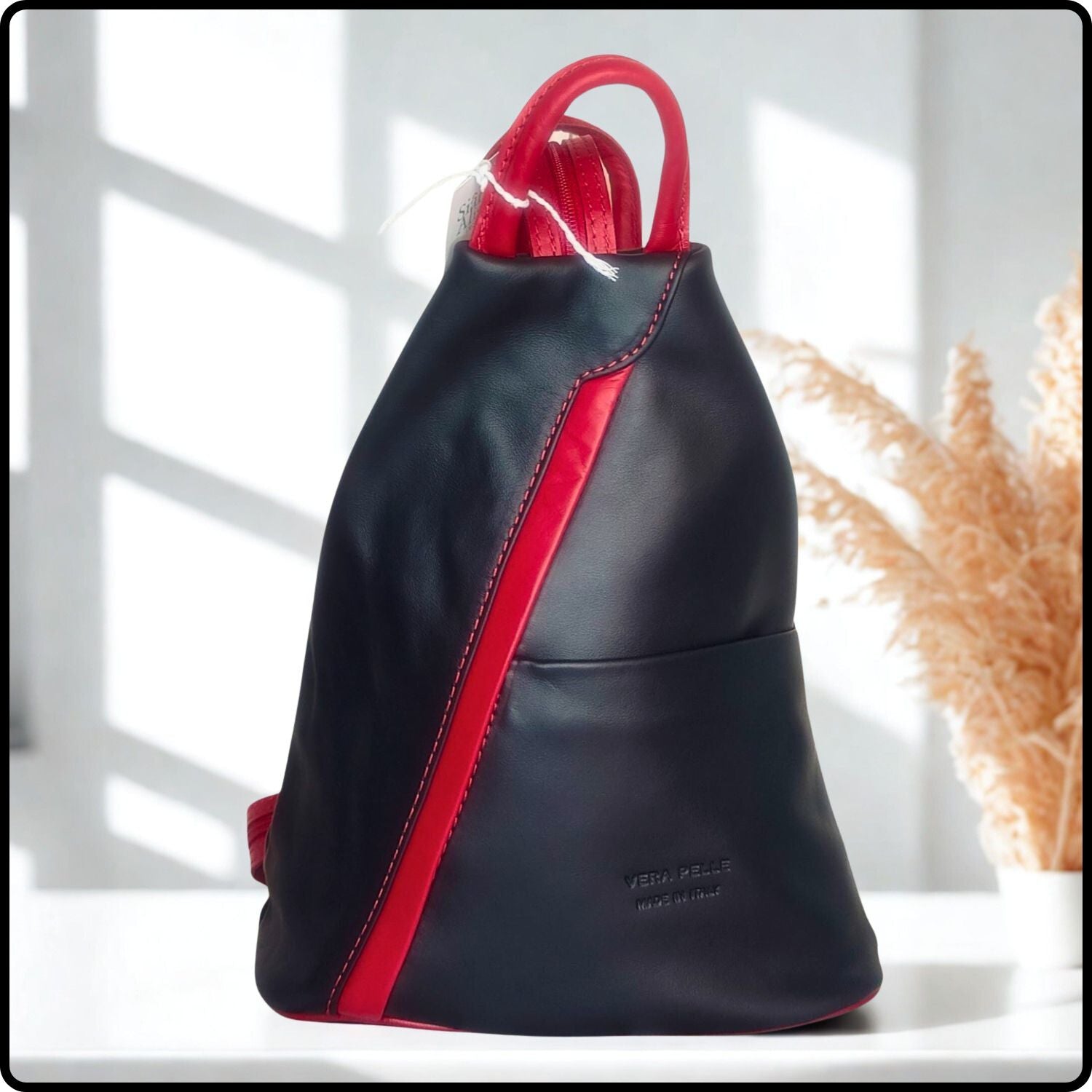 Large Soft Leather Backpack - VPR244-BLACK/RED