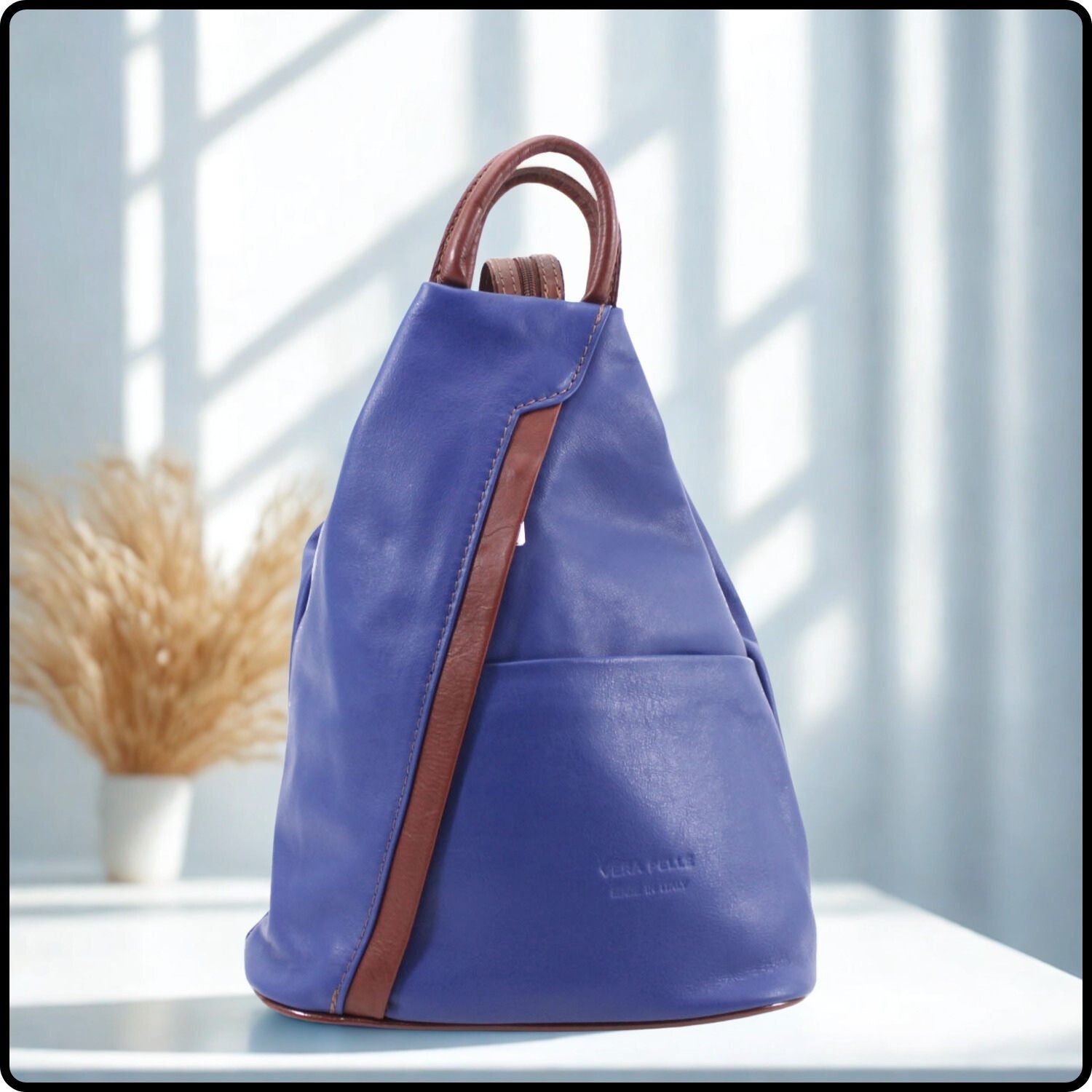 Large Soft Leather Backpack - VPR244-BLUE/BROWN
