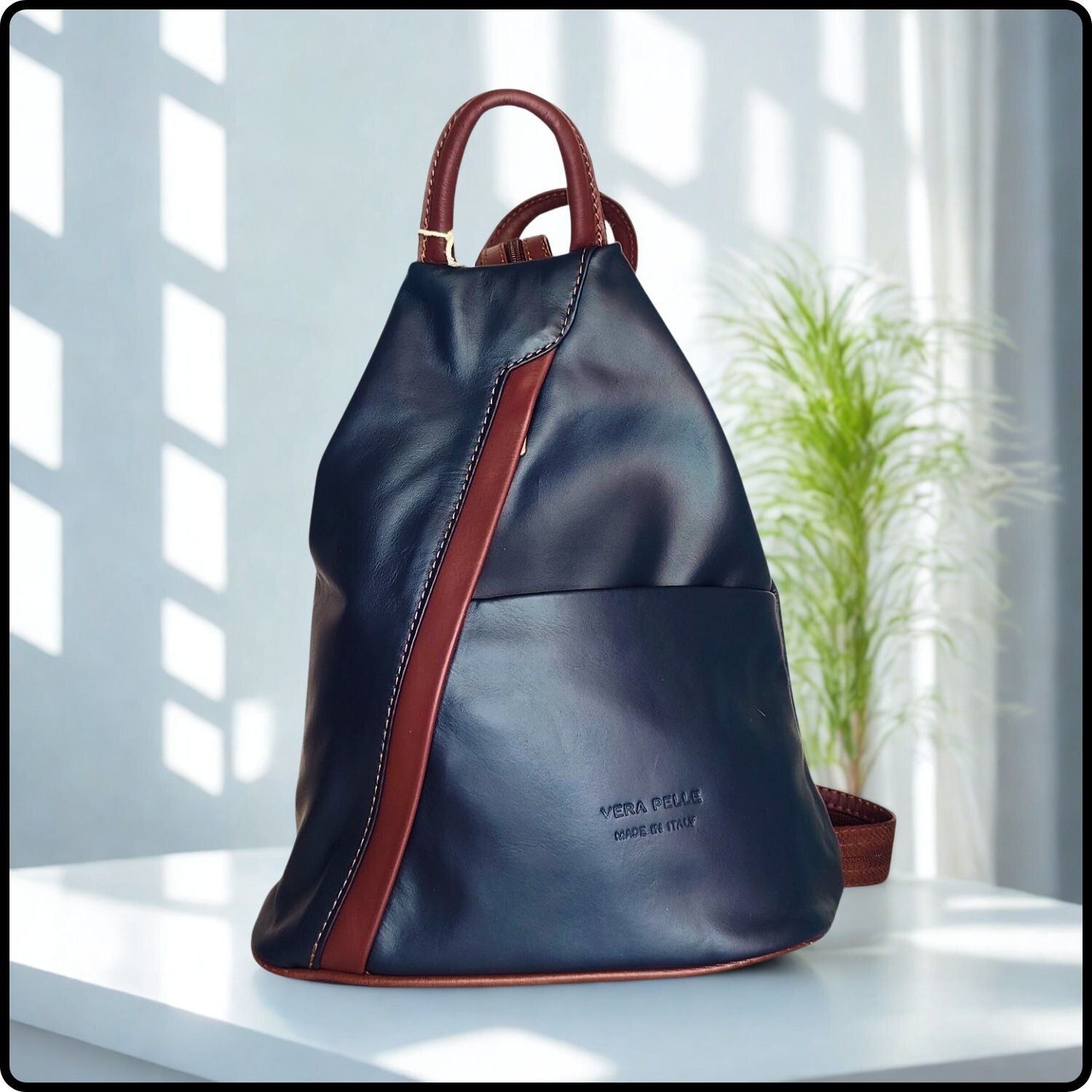 Large Soft Leather Backpack - VPR244-NAVY/BROWN