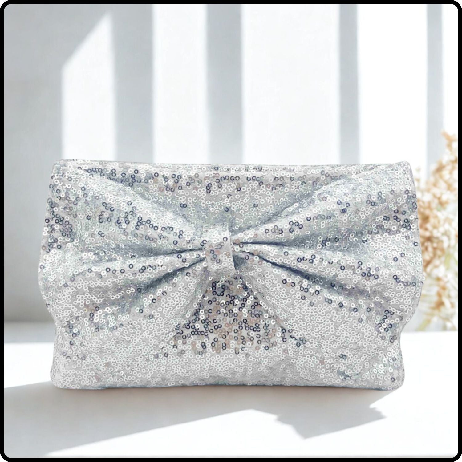 Ginny Large Bow Glitter Clutch Bag/Silver-Ginny-Silver