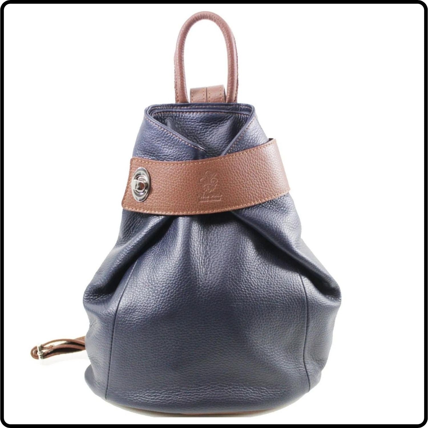 Large Pebbled Leather Lock Closure Backpack - VPR248-NAVY/TAN