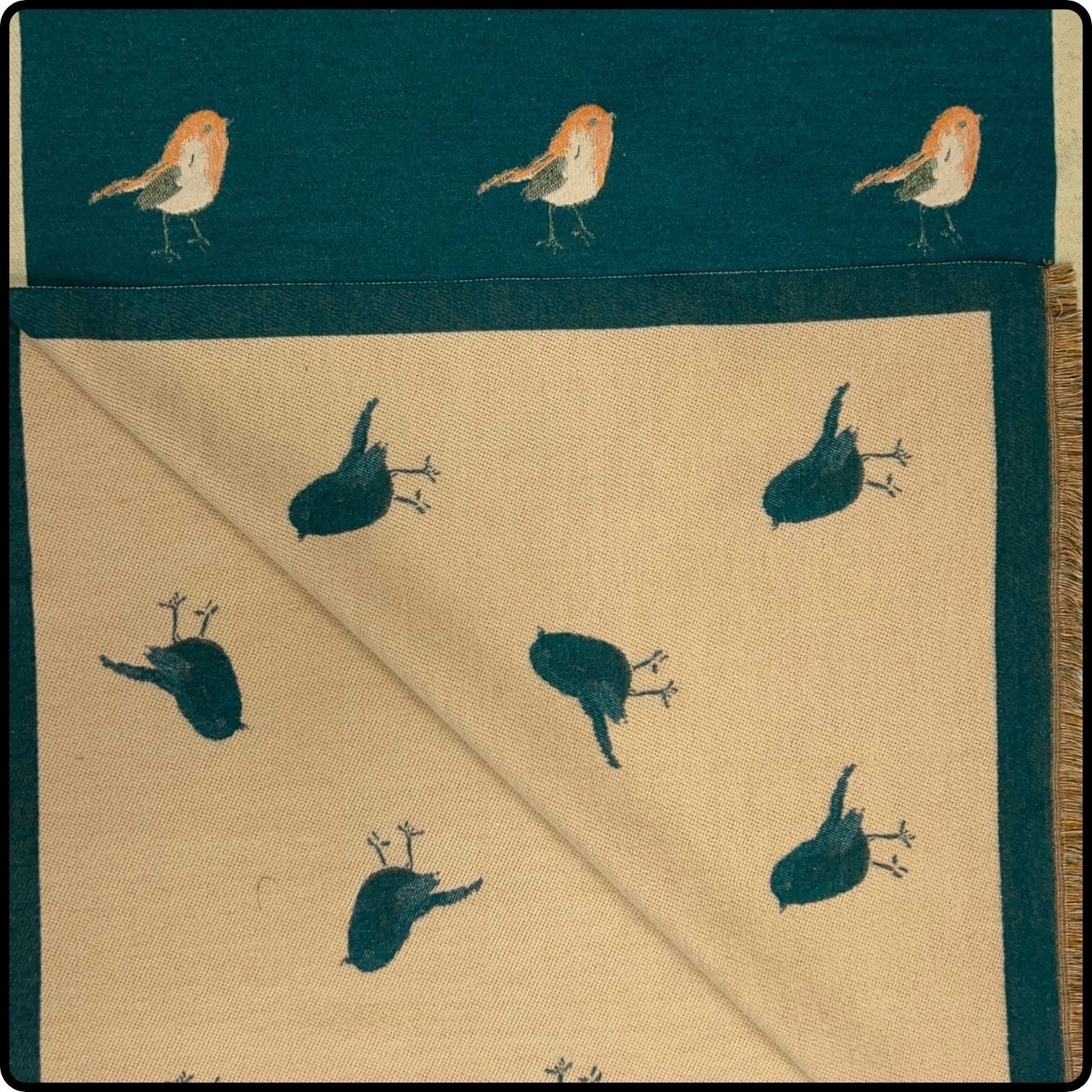 Robin embroidered print on reversible cashmere blend scarf in Teal-RSCT