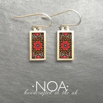 Ceramic and Brass Rectangular Red Flower Earrings-RRFE