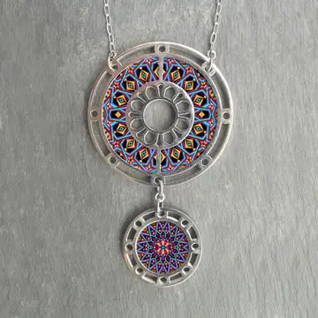 Walnut and Stainless Steel Two Parts Moroccan Tile Necklace-TWTN