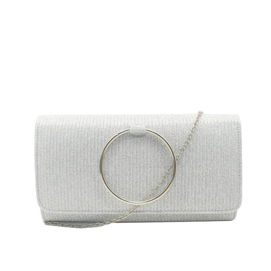 Introducing the Flora Evening Bag in luxurious silver with dazzling silver ring detail. Transform your evening look with this glamorous clutch, complete with a detachable chain for versatility. Plus, it offers plenty of room for all your essentials.