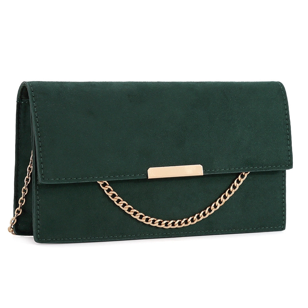 Step out in style with the Giselle Evening Bag in Green! The suede effect and gold chain detail add a touch of elegance to this sleek and compact clutch. With enough room for all your essentials,and a detachable chain strap you'll have everything you need for a night out.