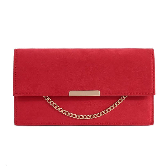 Step out in style with the Giselle Evening Bag in Red. The suede effect and gold chain detail add a touch of elegance to this sleek and compact clutch. With enough room for all your essentials,&nbsp; and a detachable chain strap you'll have everything you need for a night out.