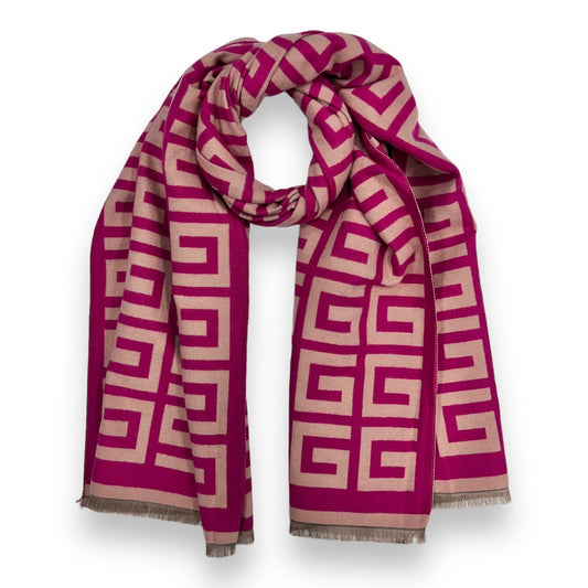 Enjoy the warmth and comfort of cashmere and cotton with this luxuriously soft Big Maze Print Scarf. Available in fuchsia, this elegant, eye-catching scarf features a bold maze print that stands out from the crowd. Perfect for both formal and casual looks.     20% Cashmere, 80% Cotton,  L: 180cm x W: 65cm 
