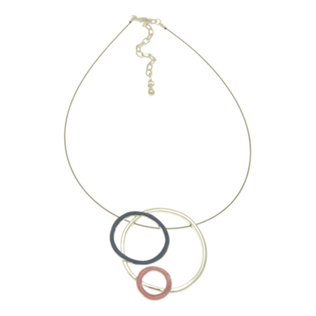 This stylish navy blue, pink, and imitation silver hoops necklace is a perfect way to add modern glamour to any outfit. Its geometric design and single wire give it a subtle yet eye-catching effect, allowing you to sparkle with effortless sophistication.  41cm or 16″ long and fastens with a lobster clasp and 8cm extension chain. The pendant measures approx 5cm in diameter.