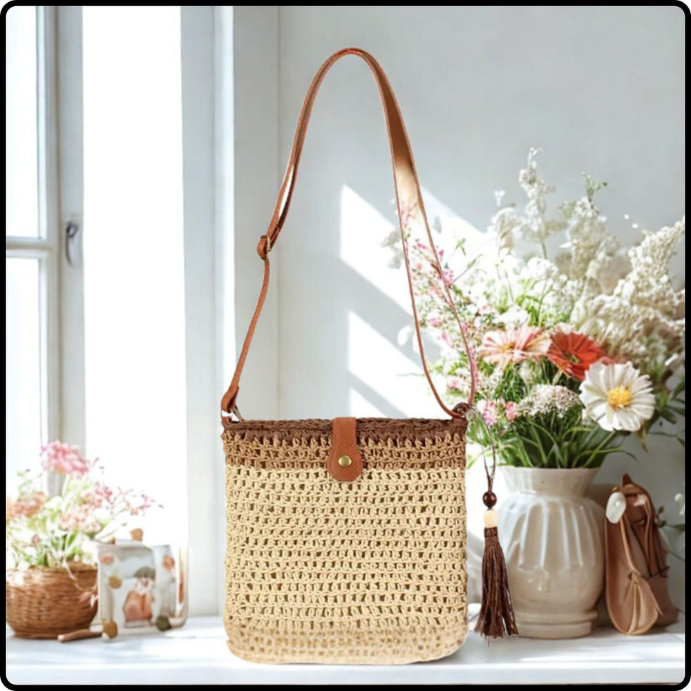 Straw Two Tone Shoulder Bag-STT-Beige