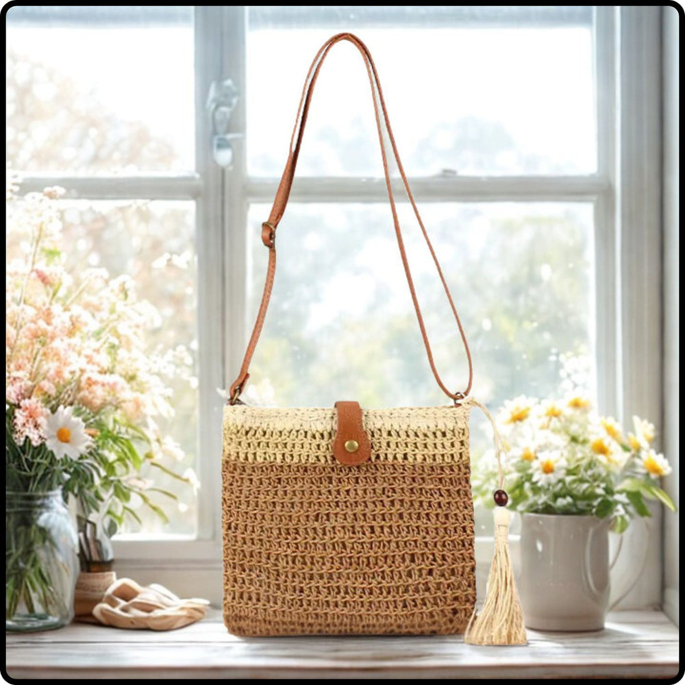 Straw Two Tone Shoulder Bag-STT-Taupe