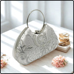 Floral Embellished Clutch Purse with Beading and Round Handle-KF-SILVER