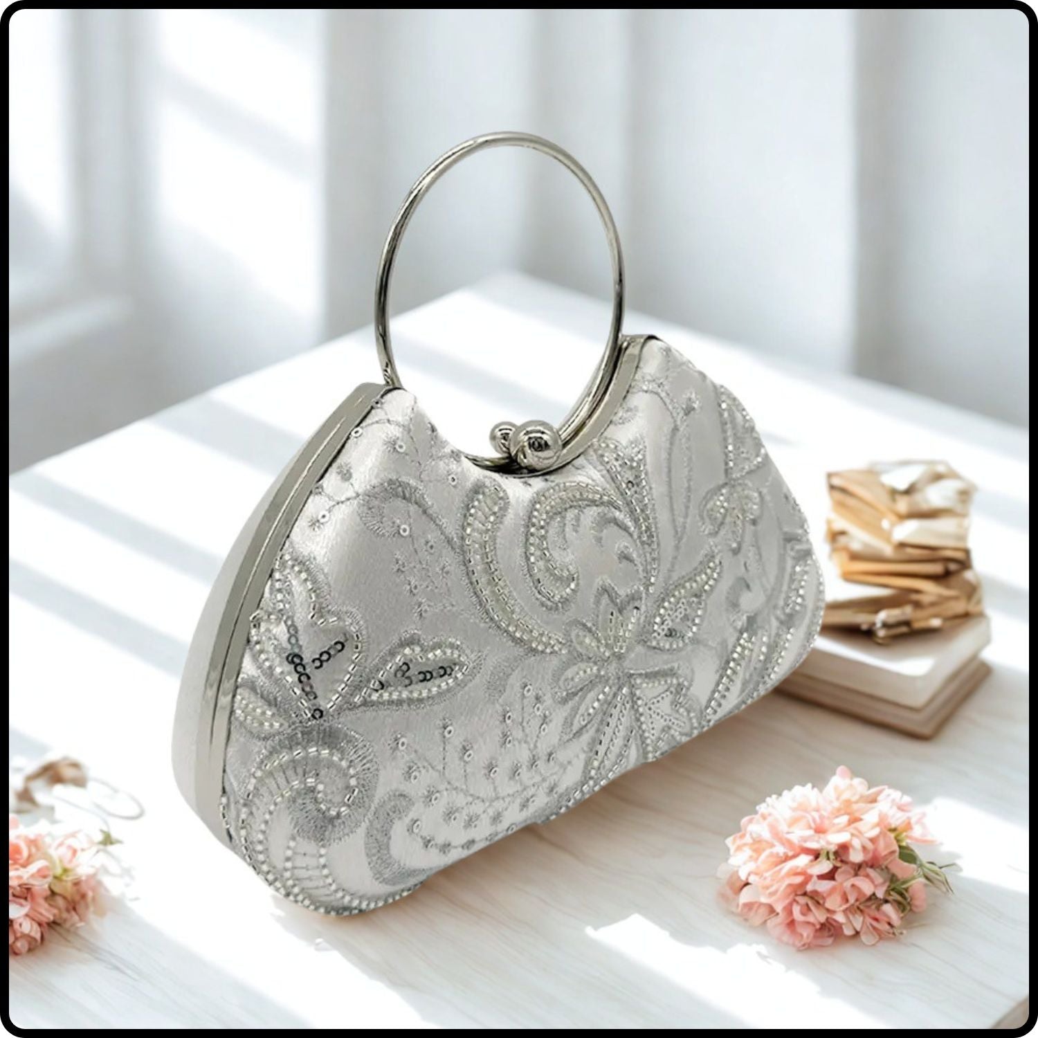 Floral Embellished Clutch Purse with Beading and Round Handle-KF-SILVER