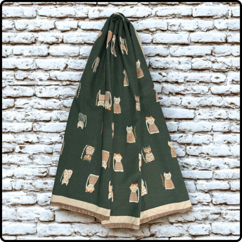 Wool blend cats print scarf in khaki- SCCK
