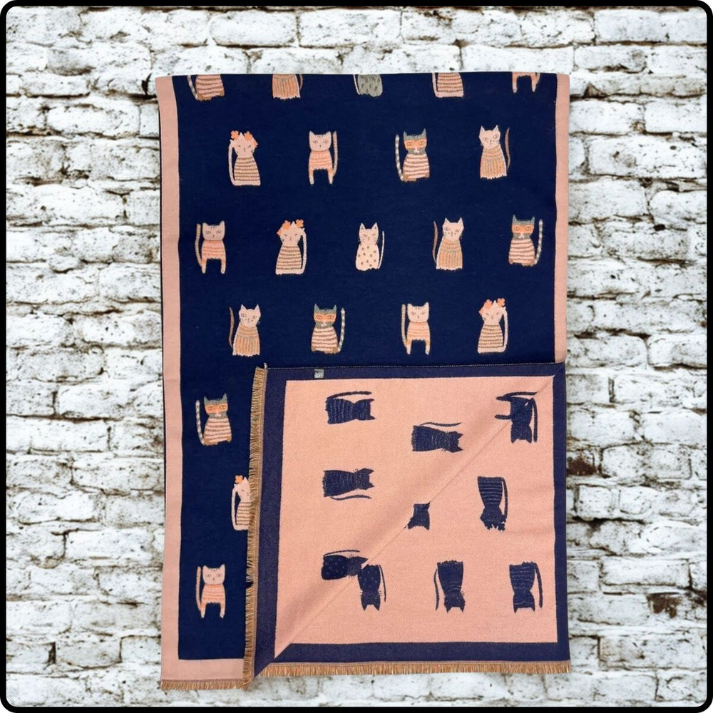Wool blend cats print scarf in navy- SCCN