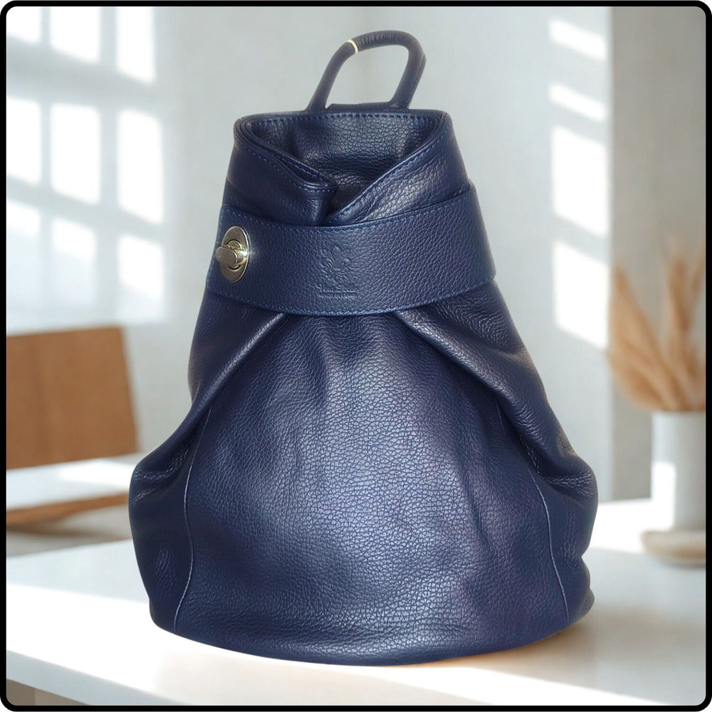 Large Pebbled Leather Lock Closure Backpack - VPR248-NAVY