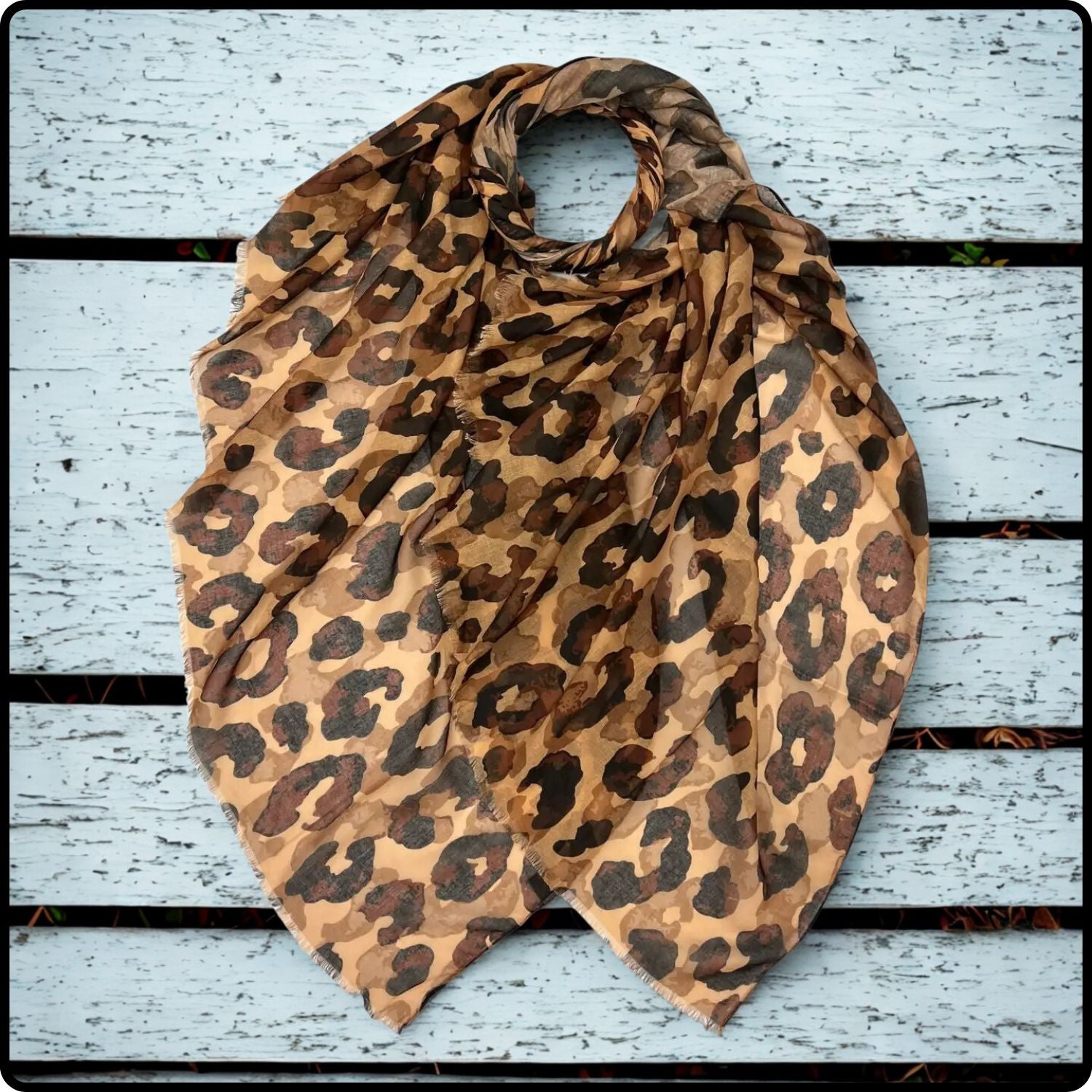 Leopard Print Scarf with Golden Lines in Brown-SCLB