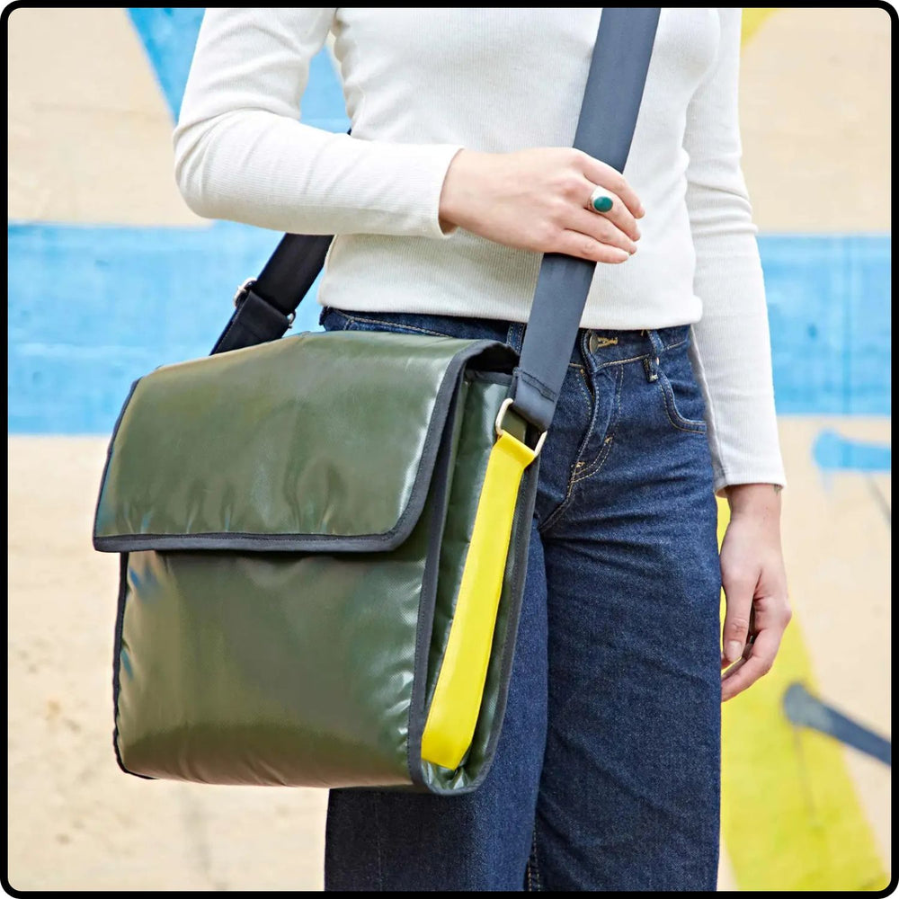 Recycled Plastic and Seat Belt Messenger Bag-PMB-GREEN