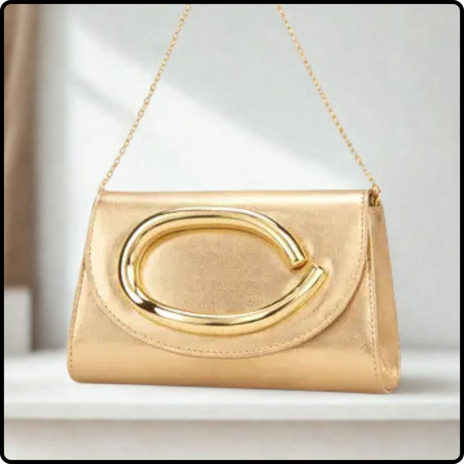 Clutch Bag with Metal Accent and Chain Strap-KK-CHAMPAGNE