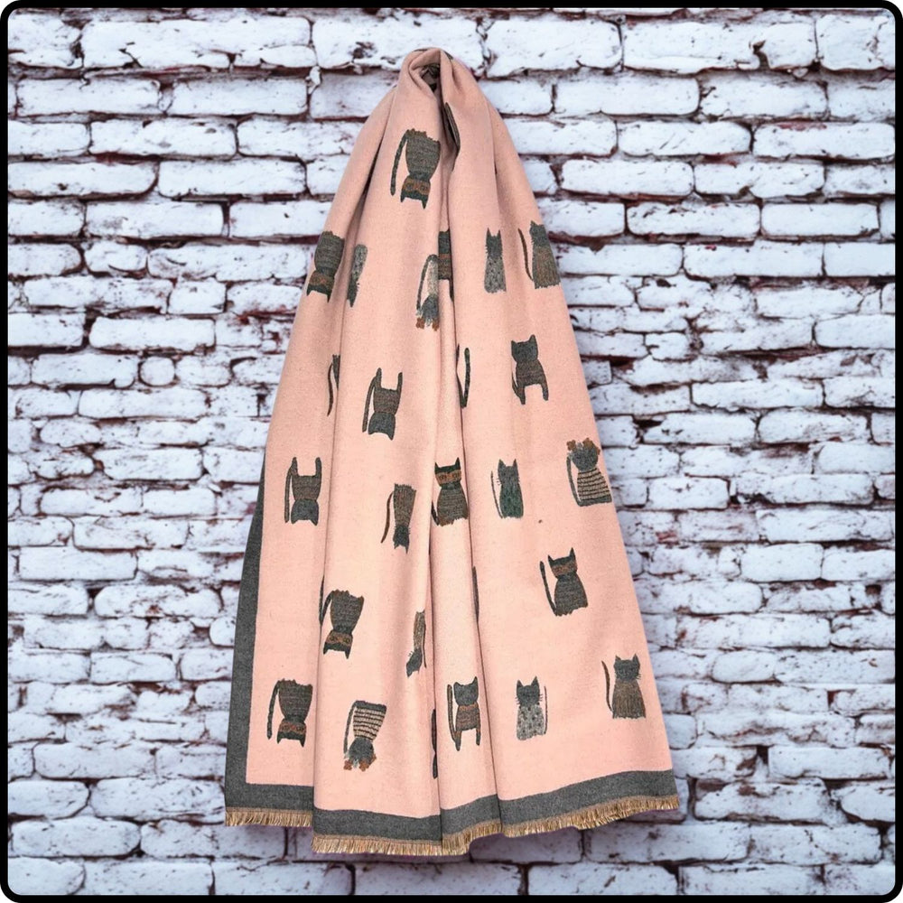 Wool blend cats print scarf in pink- SCCP