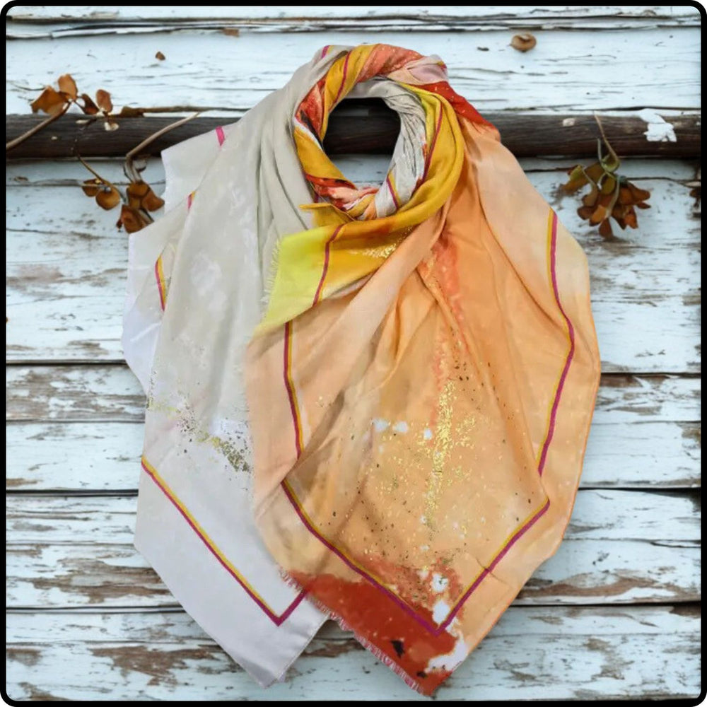 Ocean wave printed scarf with golden and silver patches in orange-SOWO