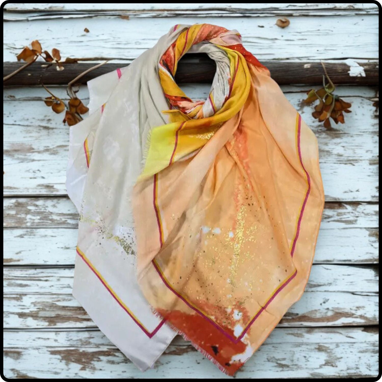 Ocean wave printed scarf with golden and silver patches in orange-SOWO