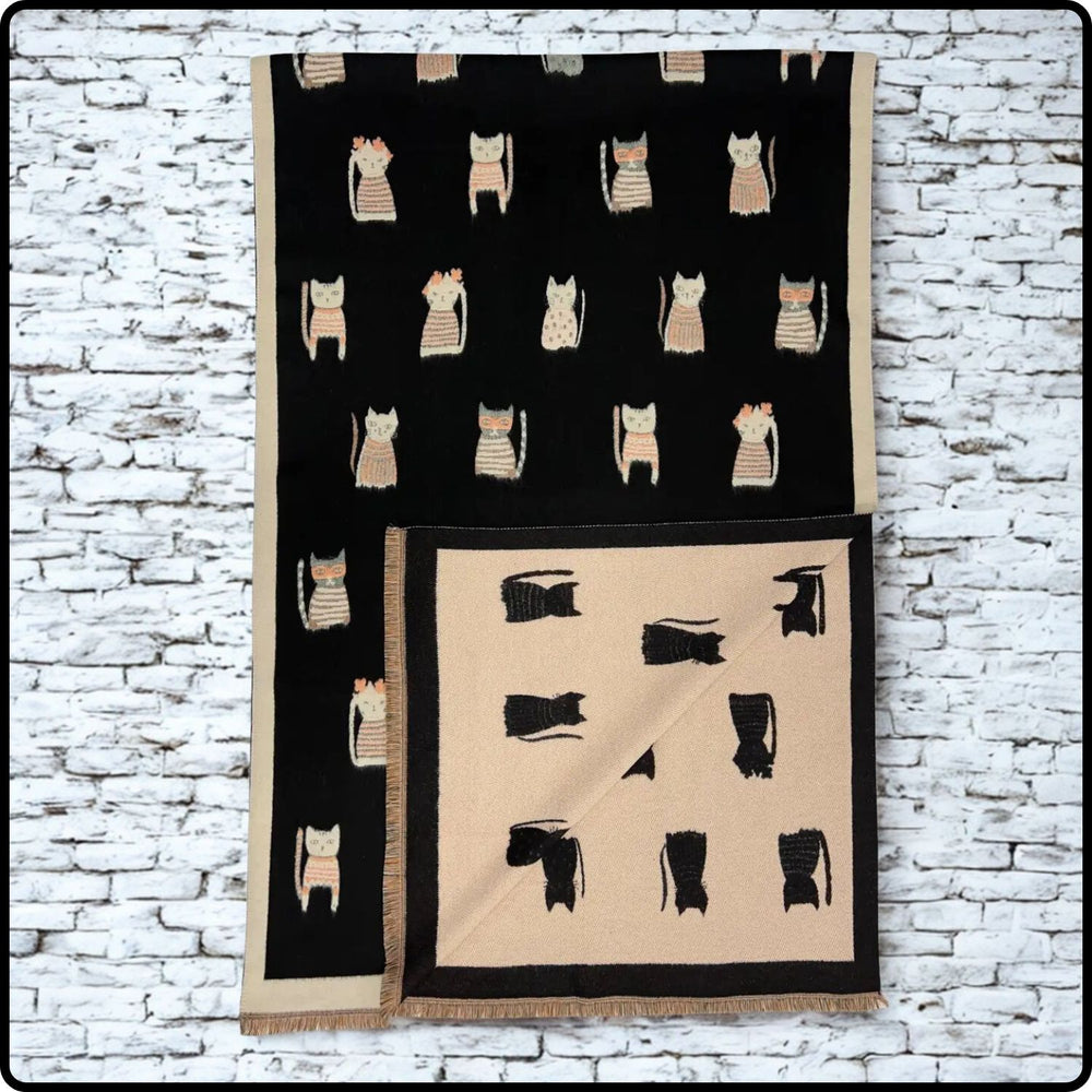 Cashmere blend cats print scarf in black- SCCB