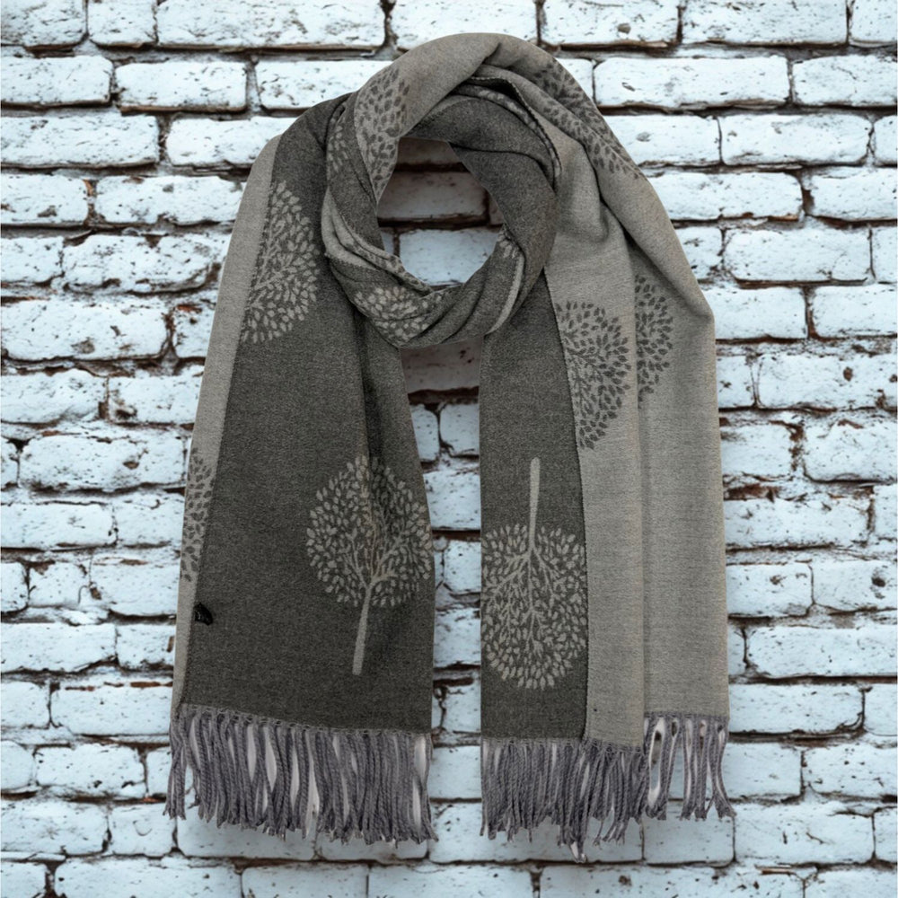 Tree of life print scarf on cashmere mix with tassels in Charcoal-SCTG