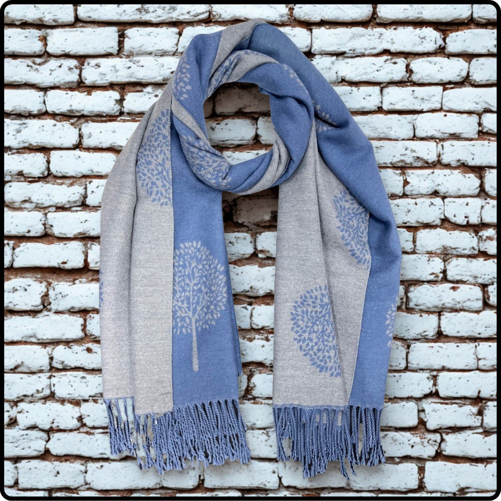 Tree of life print scarf on cashmere mix with tassels in Denim-SCTLD