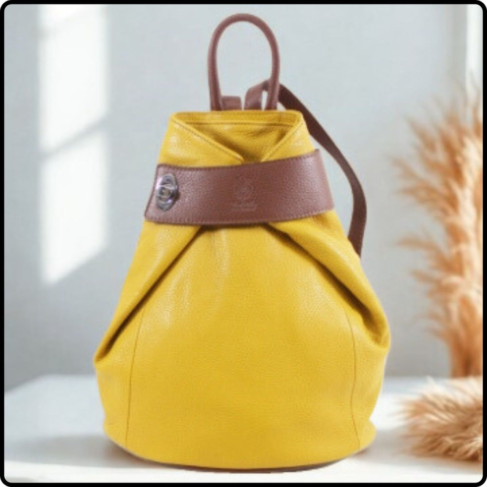 Large Pebbled Leather Lock Closure Backpack - VPR248-YELLOW/TAN