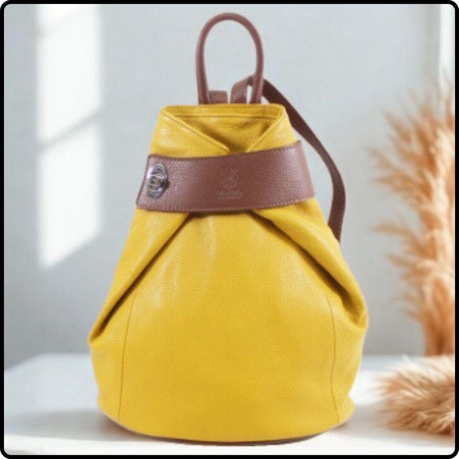 Large Pebbled Leather Lock Closure Backpack - VPR248-YELLOW/TAN