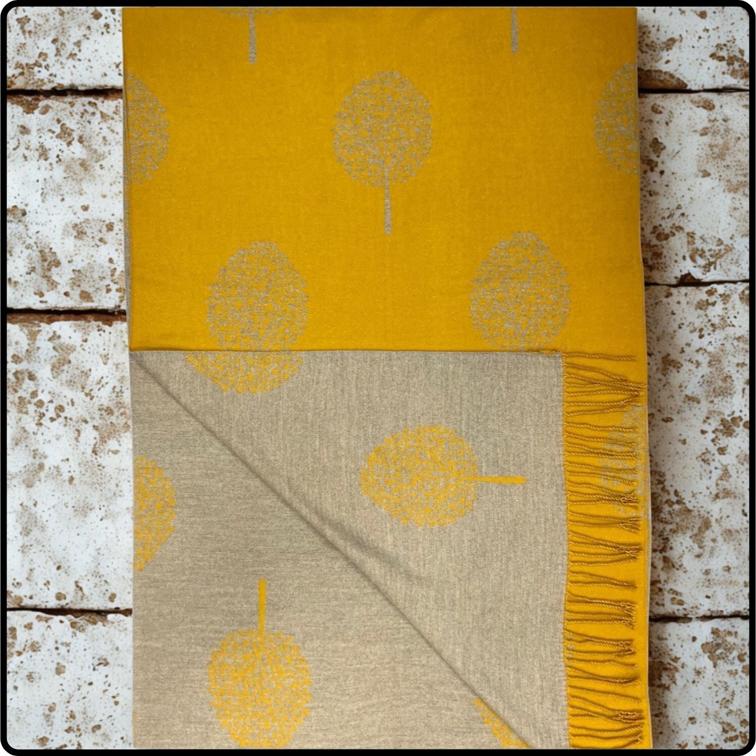 Tree of life print scarf on cashmere mix with tassels in mustard-SCTM