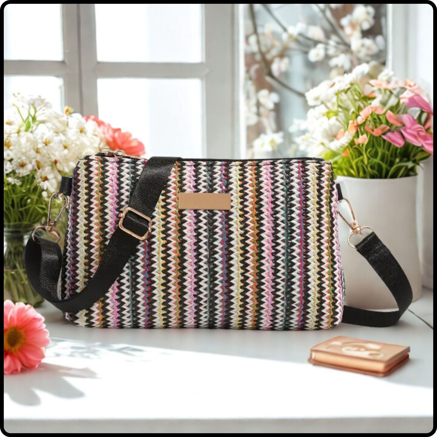 Multicoloured Straw Clutch Bag-SMC-Black