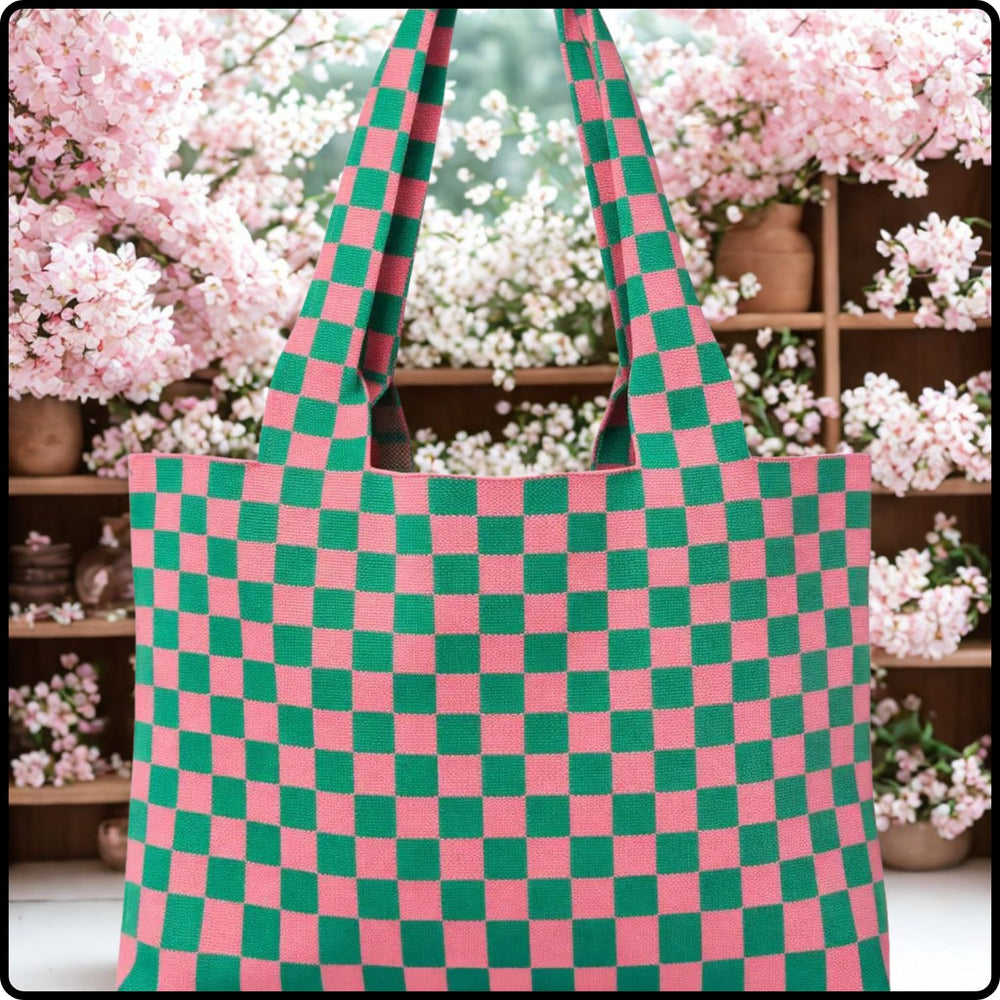 Knitted Tote-Large Pink and Green Check-TPG
