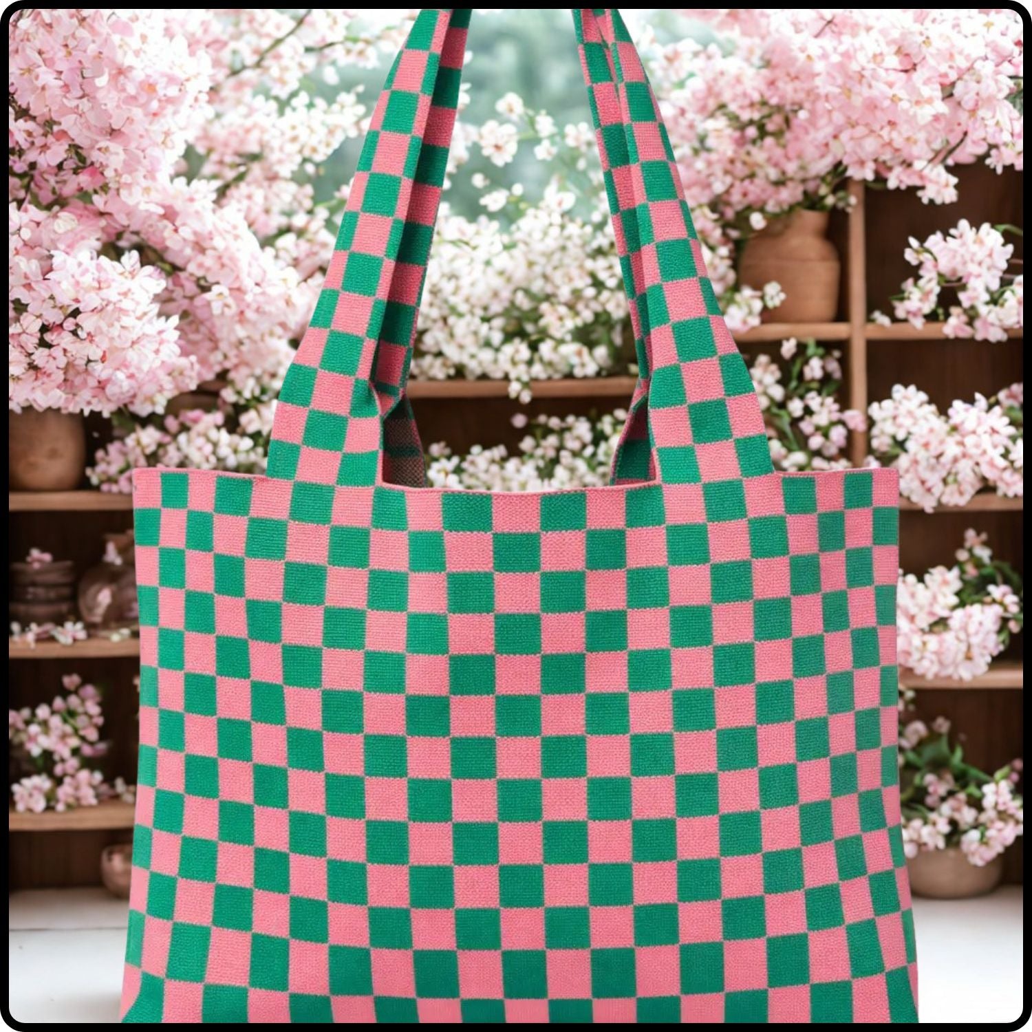 Knitted Tote-Large Pink and Green Check-TPG