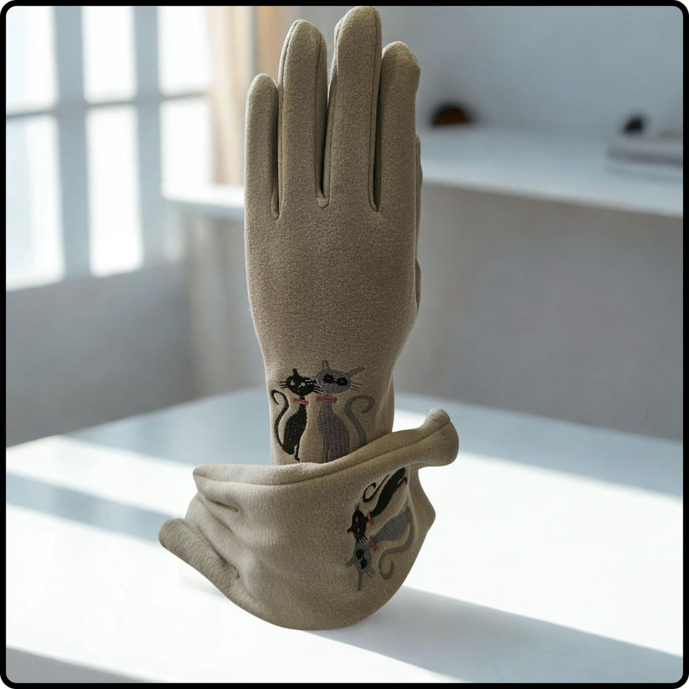 Cat Duo Suedette Fabric Touch Screen Gloves One Size in Cream-CDC