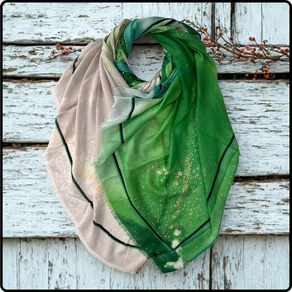 Ocean wave printed scarf with golden and silver patches in green-SOWG