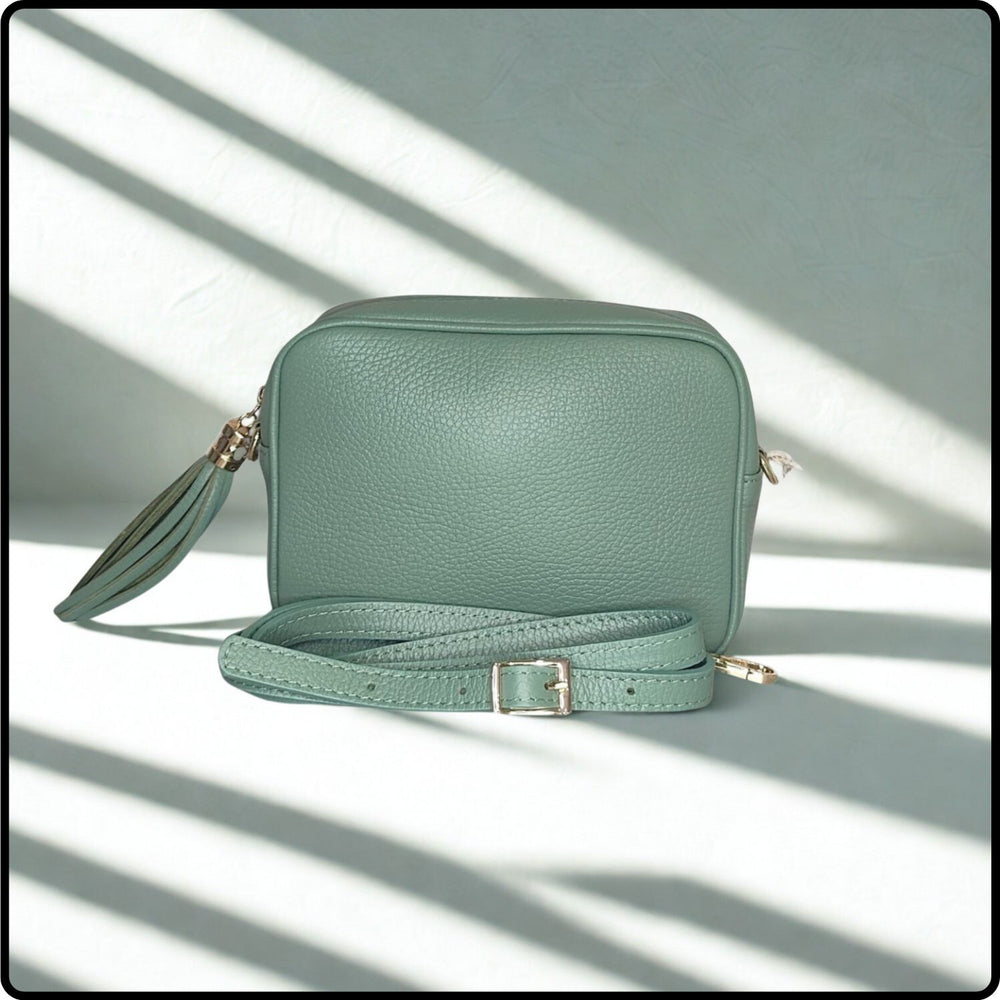 Leather Cross Body Bag Tassel- PS233-DUSTY GREEN