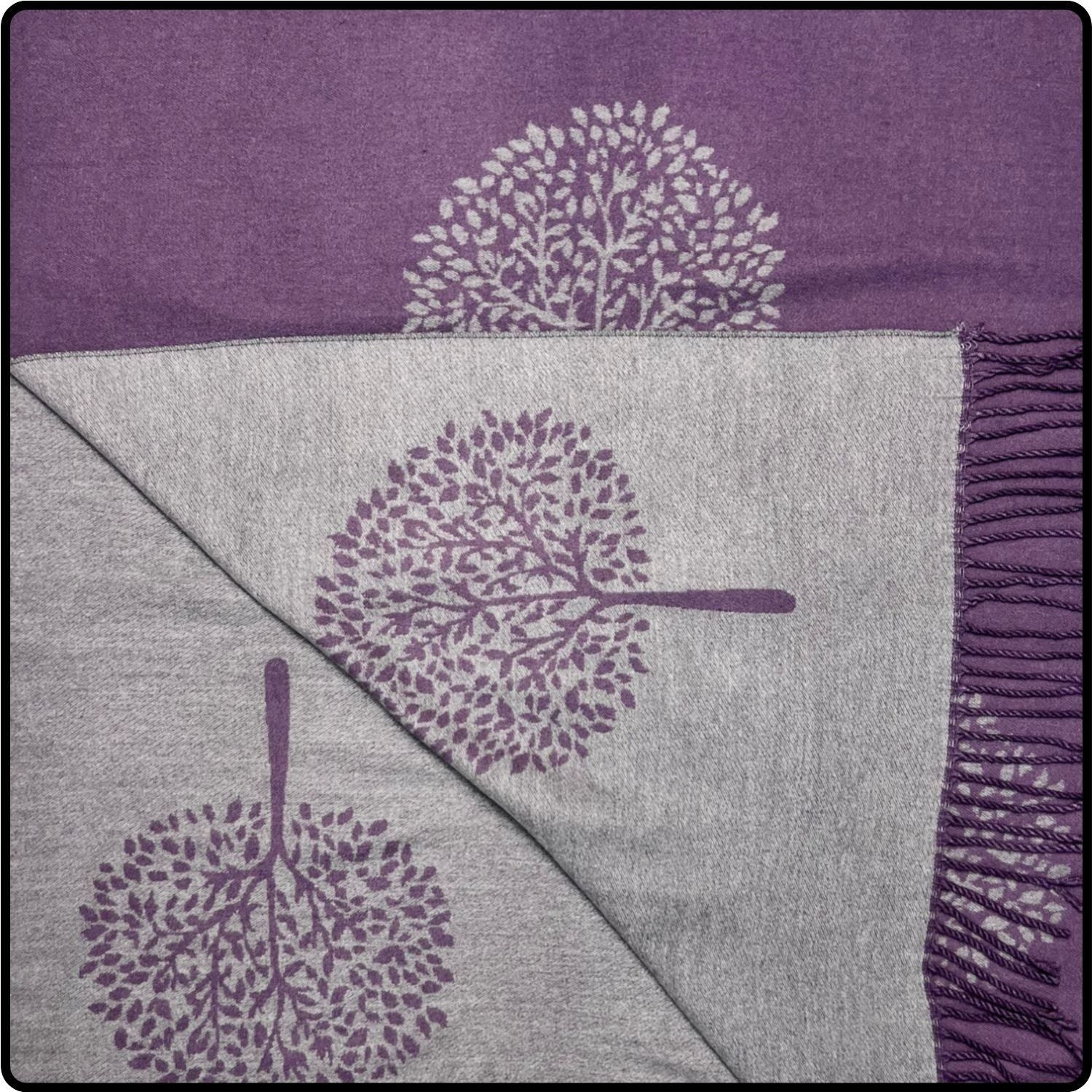 Tree of life print scarf on cashmere mix with tassels in Purple-SCTL