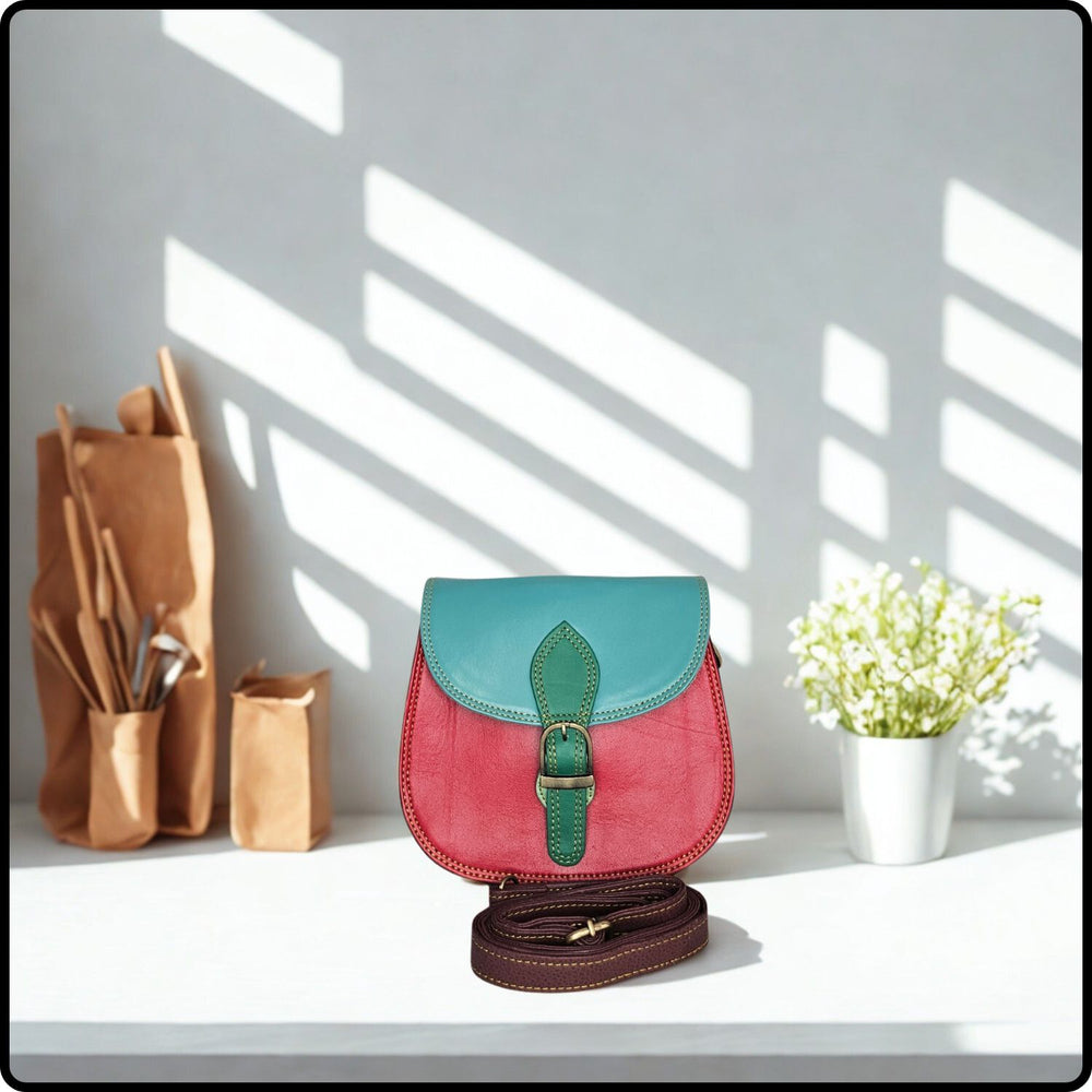 Handmade Recycled Leather Multicoloured Crossbody Saddle Bag-VSR-RED