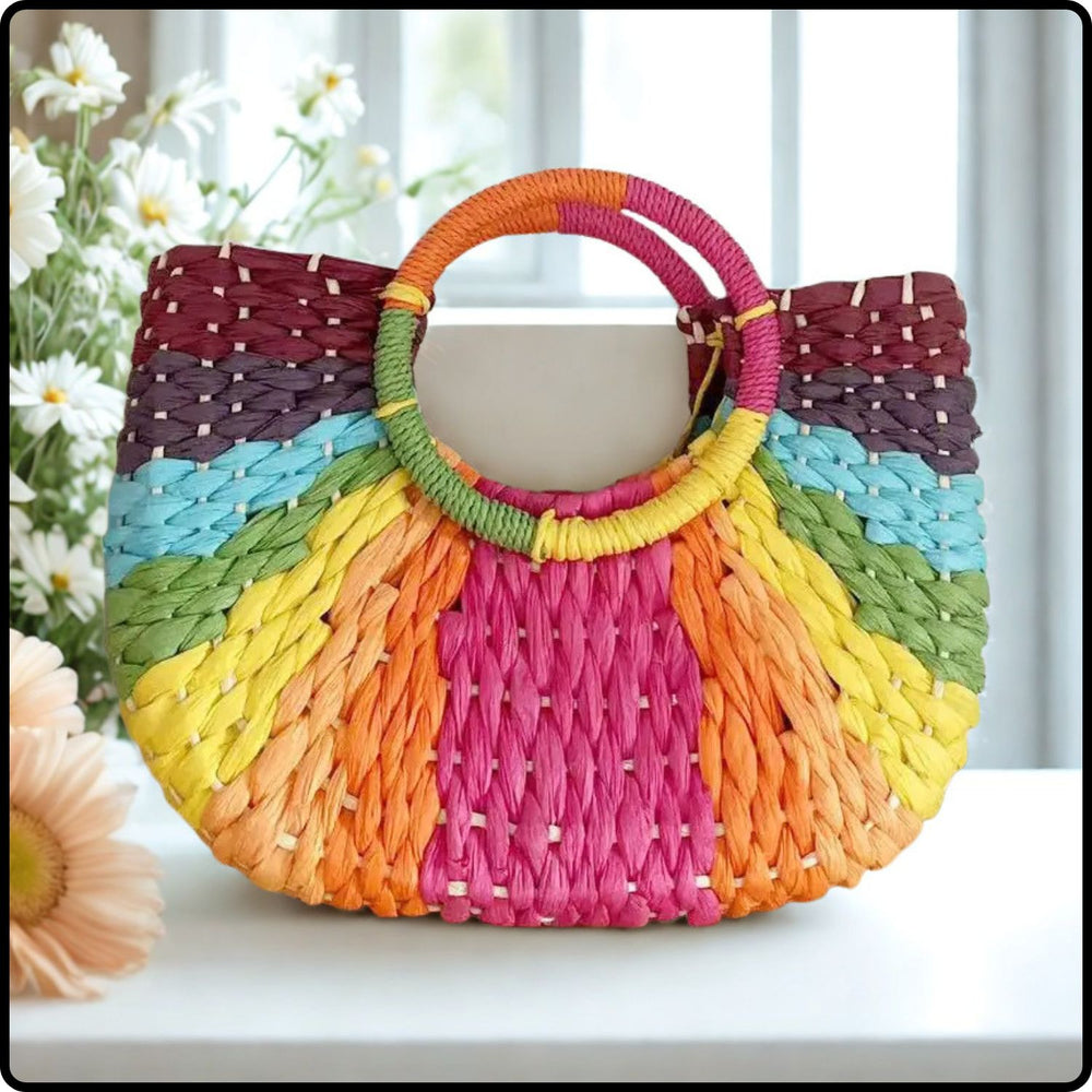 Small Rainbow Raffia Handbag with Circular Handles-SRR