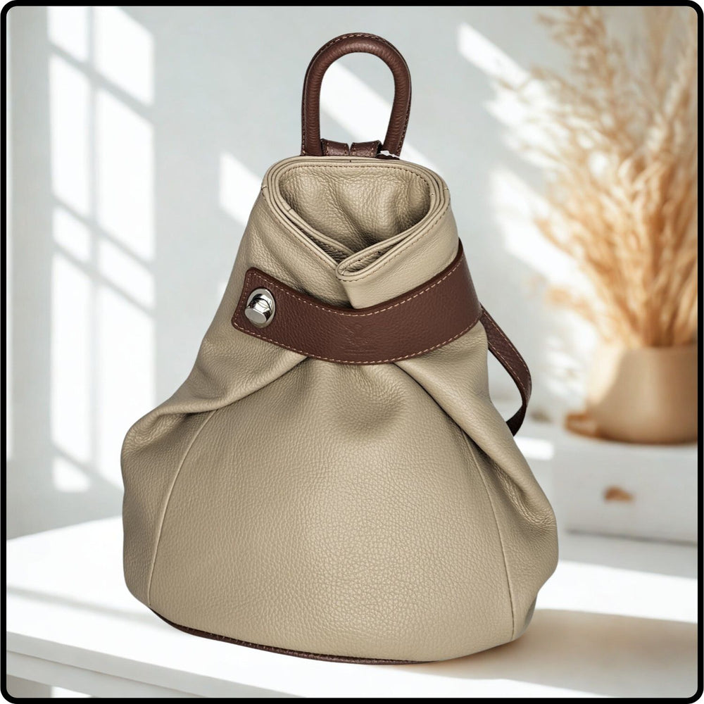 Large Pebbled Leather Lock Closure Backpack - VPR248-KHAKI/TAN