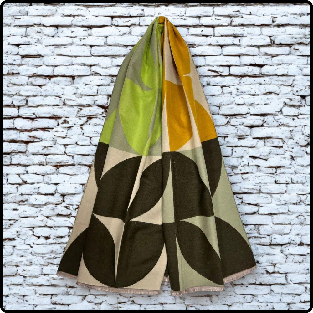 Retro print on cashmere blend scarf in mixed green/mustard - SCRG