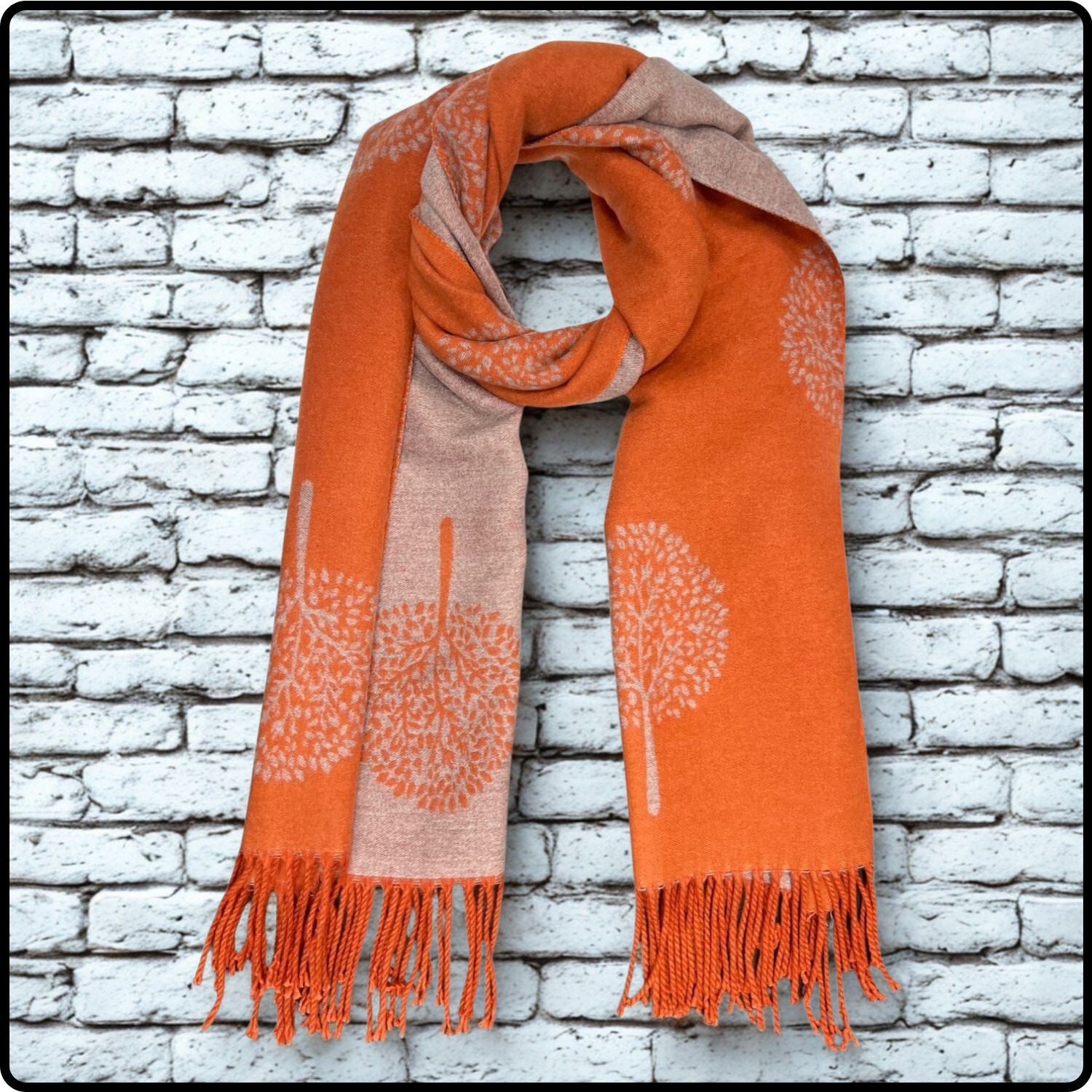 Tree of life print scarf on cashmere mix with tassels in orange-SCTLO